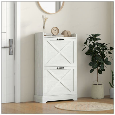 Armoire à chaussures Slim Farmhouse avec 2 tiroirs rabattables et tablettes réglables pour le vestibule, finition en bois vieilli