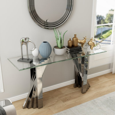 Silver Console Table With Tempered Glass Top And Polished Spiral Stainless Steel Base