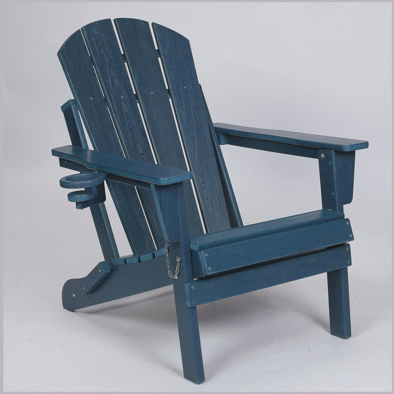 31.5'' Faux Wood Grain Composite Folding Adirondack Chair - With Double Cup Holders, Navy Blue
