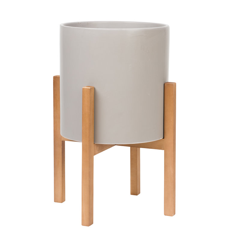 Surles Round Modern Ceramic Indoor Pot Planter with Wood Legs, Gray, 22" H x 15.5" W x 15.5" D