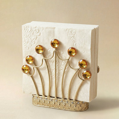 Gold Napkin Holder with Royal Crown Design, Antique Gold Freestanding Napkin Holder with Crystal Accents and Raised Base for Dining Table, Kitchen Counter or Vanity