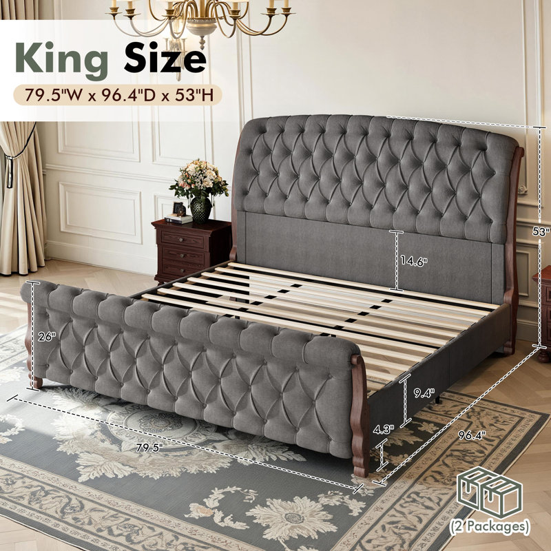 Dulane King Size Tufted Upholstered Sleigh Bed, Modern Chenille Platform Bed Frame, No Box Spring Required, gray, Gray, King