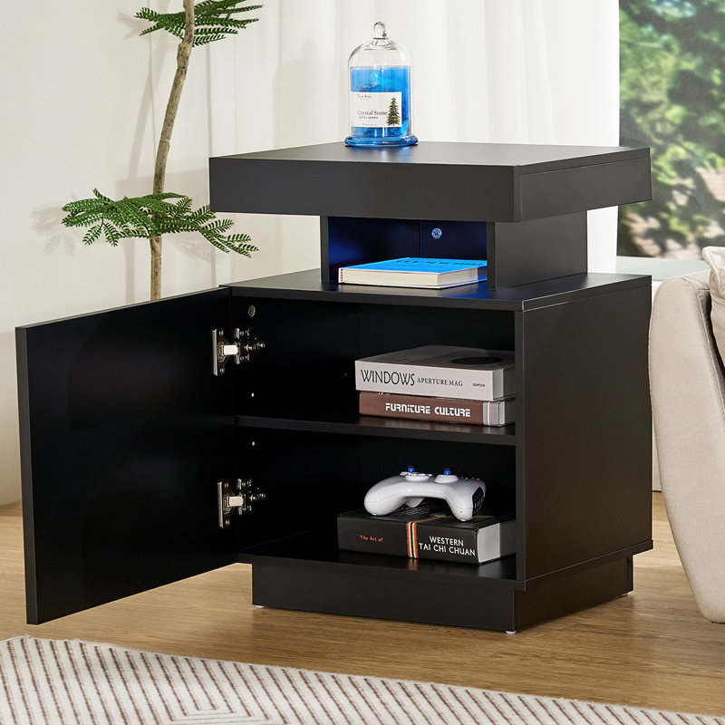 Modern Nightstand With Smart LED Light Strip, Black