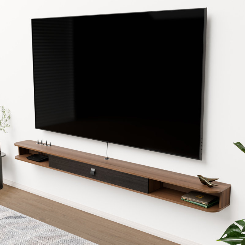 Walnut Floating TV Stand for 75- 85 inch TV, Wall Mounted Media Console with Door Cabinet & Open Shelving Storage, Wood Modern Entertainment Center