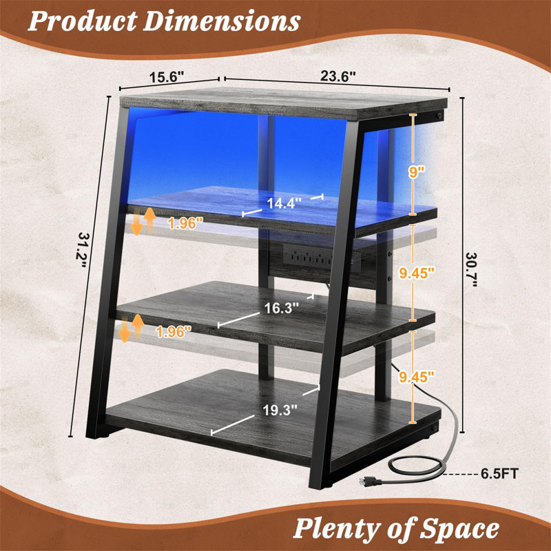 4-Tier AV Media Stand With Power Strips, LED Lights, Adjustable Shelves, 30", Grey Oak, Gray Oak