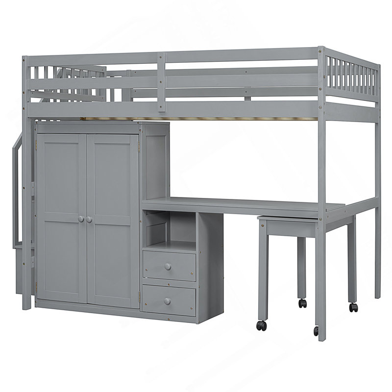 Loft Bed With Stairs, Bookshelf, Drawers, Desk & Wardrobe – Space-Saving Multifunctional Furniture For Kids & Teens, Gray
