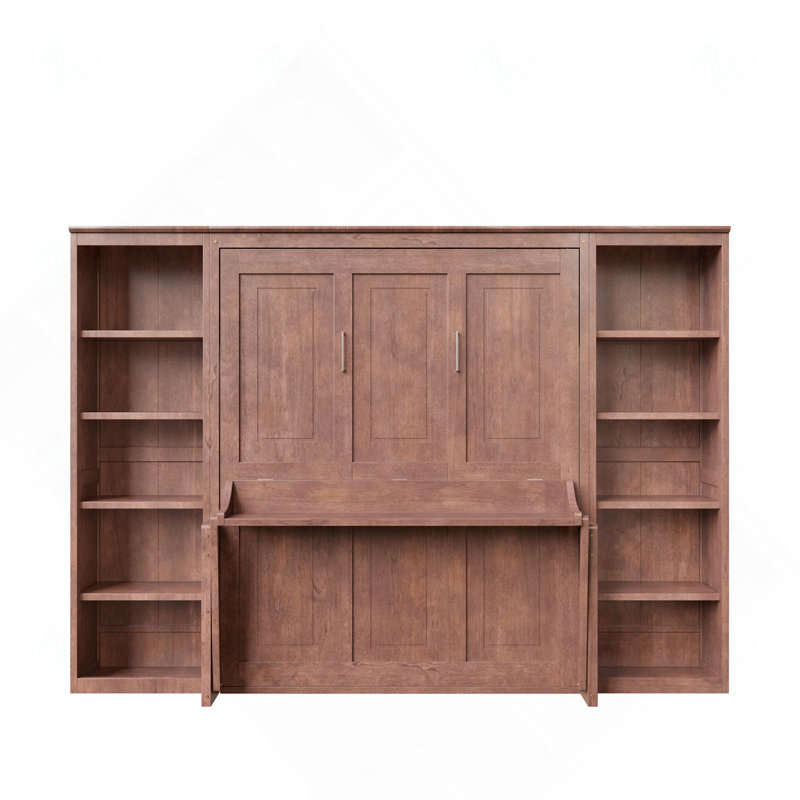 Lit escamotable en bois pleine grandeur avec bureau rabattable et étagères intégrés, brun foncé
