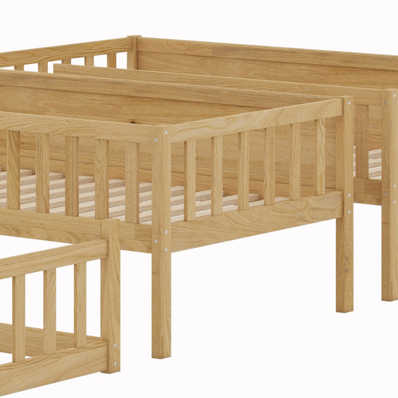Triple Wood Bunk Bed, With Ladders, Guardrails, Natural