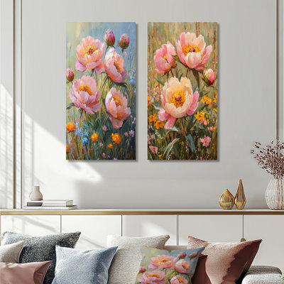 Pivoines dans le Wildflower Patch II - pivoine rose 2 panneaux d'art mural en métal surdimensionné