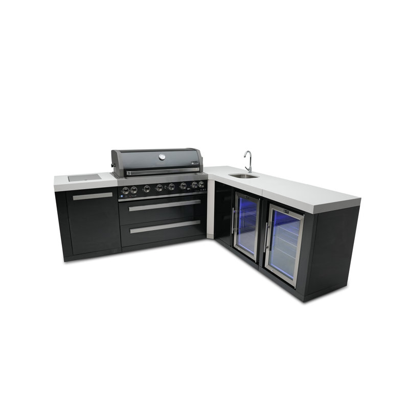 Mont Alpi Mai805-bss90bevfc 44-inch 6-burner 115000 Btu 90 Degree Corner Black Stainless Steel Gas Outdoor Kitchen Bar Island Grill W/wine Cooler Beverage Center Refrigerator + Infrared Side Burner