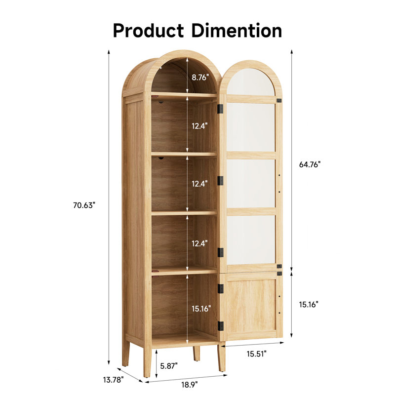 Vitrine arquée 71 po avec portes en verre trempé et éclairage DEL, Chêne