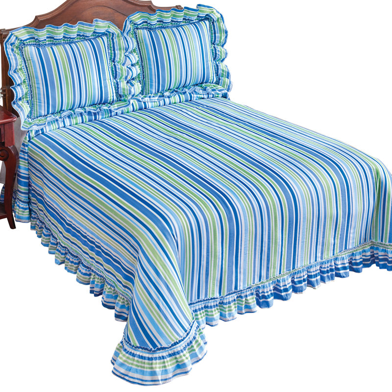 King Size Blue Cotton Striped Bedspread Set