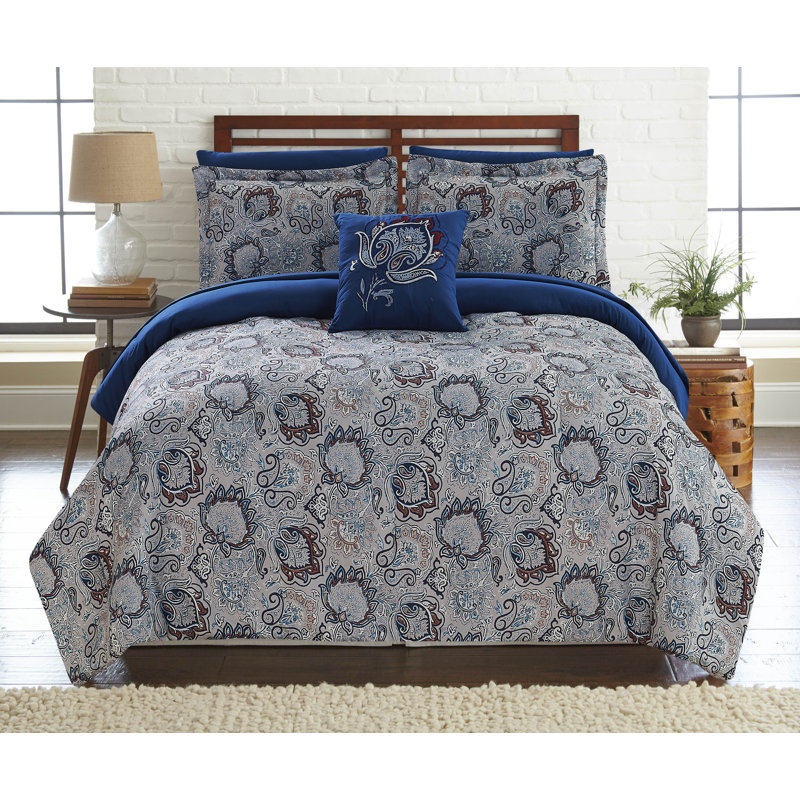 Fils modernes - Collection d'édredon Corsicana - Microfibre réversible - Ensemble de lit 8 pièces à imprimé élégant - Comprend un édredon, des draps, des taies décoratives et un oreiller - Literie luxueuse
