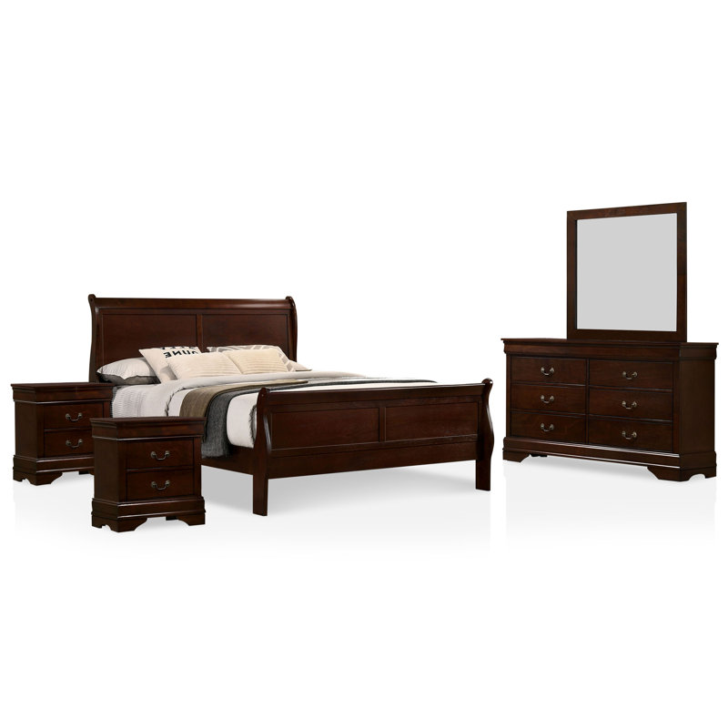 Ensemble de lit très grand californien 5 pièces, 2 tables de chevet, commode et miroir Emîls
