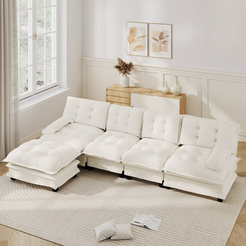 Canapé modulaire en L en chenille avec repose-pieds, Beige
