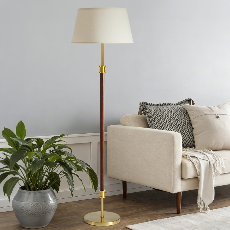 Mid-Century Modern Floor Lamp with Brass Accents and White Linen Shade, Walnut