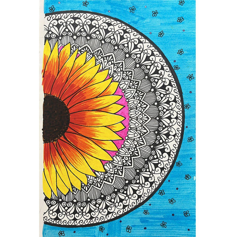 Tournesol avec art mandala - Avec cadre | Brosse et stylo gel | Par Parisha Thukral