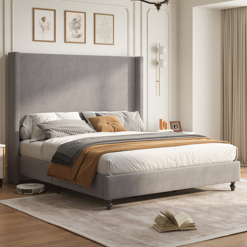 Crofford Queen Size Modern Corduroy Upholstered Bed with 63'' Tall Headboard & Solid Wood Legs, Gray, Gray, Queen