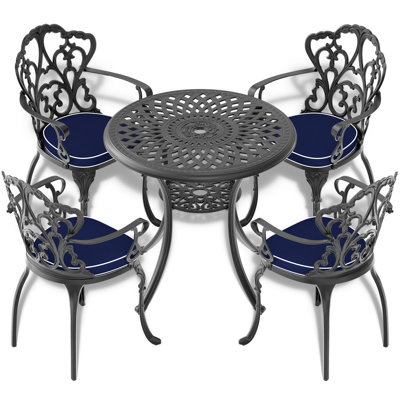 Black 5-Piece Cast Aluminum Outdoor Dining Set, Patio Furniture With Umbrella Hole And Random Color Cushions -  Bloomsbury Market, 97F064EE1D304B0EB9597AA873BC1B73