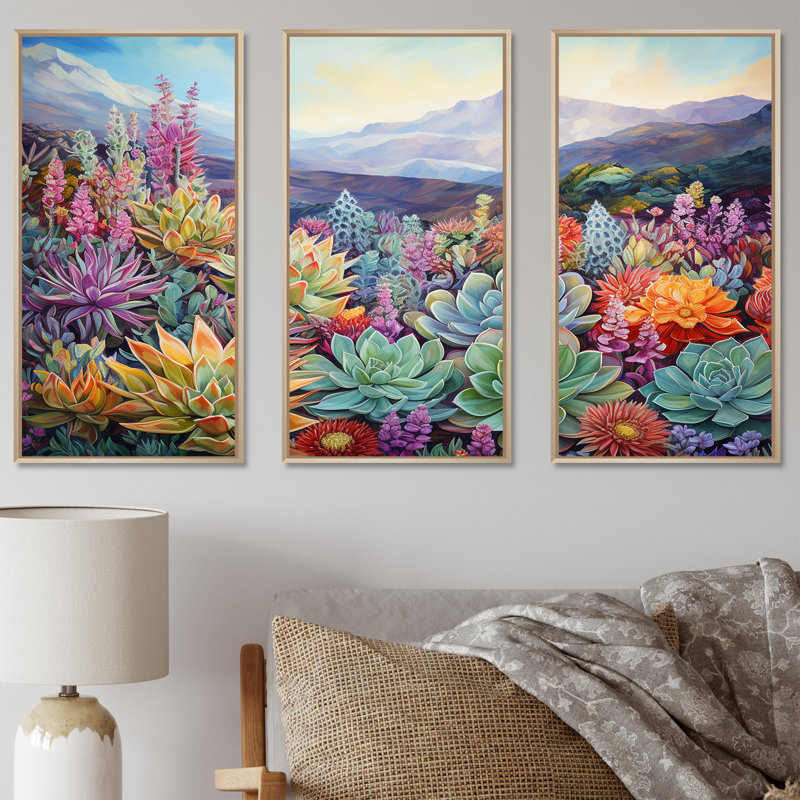 «Green Succulent Desert Charm I», ensemble d'art mural sur toile, H 28 po x l 36 po x P 1 po, Cadre naturel flottant
