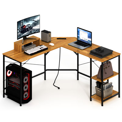 L Shaped Gaming Desk with Power Outlets & USB Charging Ports, Large Home Office Desk Writing Study Table Workstation, Easy to Assemble, Oak Grain