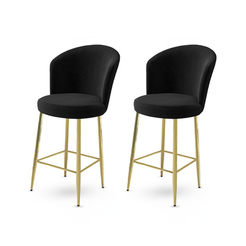 Modern Bar Stool Set (2 Pieces), Black & Gold, 18.1 x 40.2 x 15.7 inches | 100% Metal Frame, Babyface Upholstery, 14.6-inch Seat Height | Comfortable 18 DNS Foam Back & 22 DNS Foam Seat | Stylish & Glam Design for Kitchen & Dining