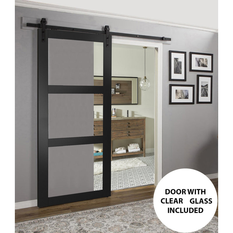 Porte de grange en bois transparent avec quincaillerie d'installation Lucia, Noir