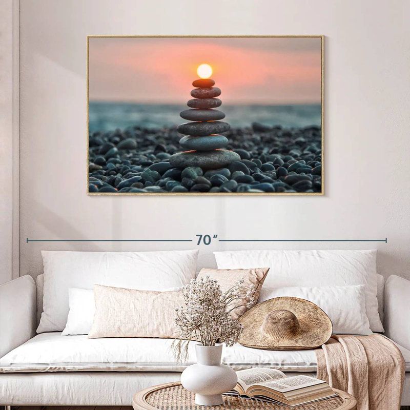 Zen pile au coucher du soleil, Cadre flottant en bois naturel, 46 po x 31 po