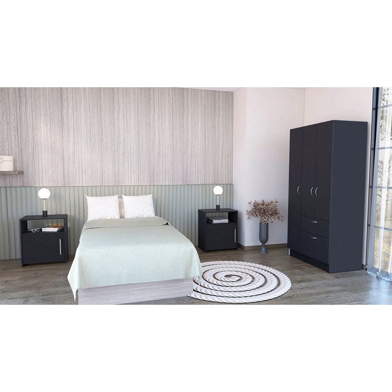 3 Piece Bedroom Set, Armoire And 2 Nightstands, Black