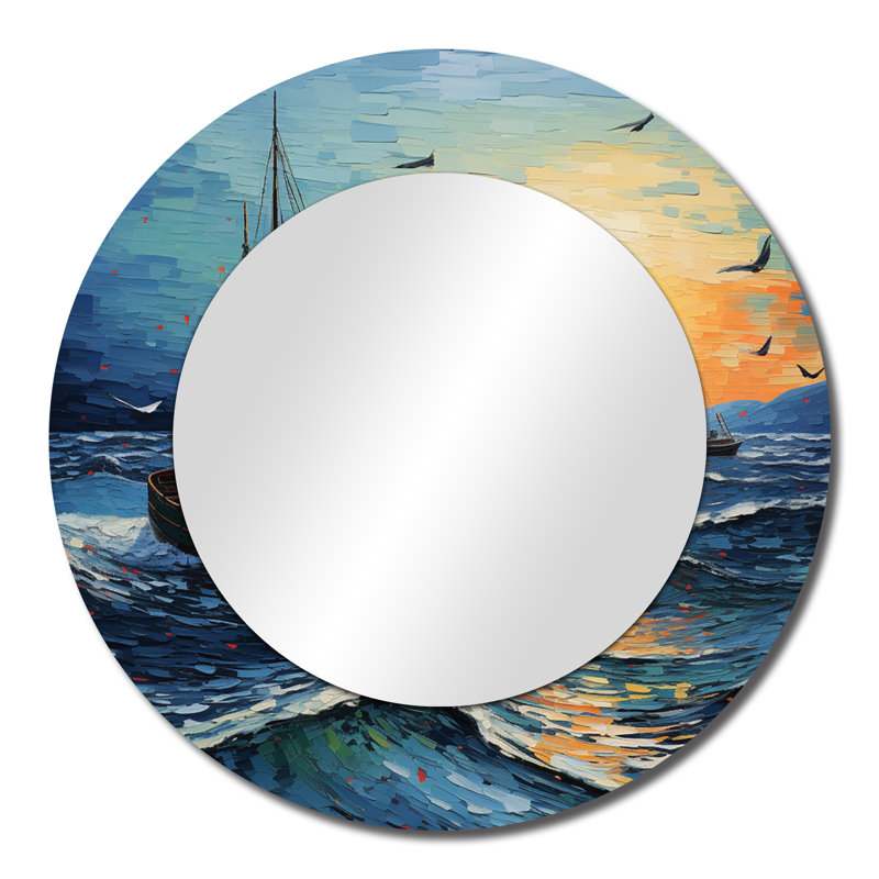 Vangogh Seascape With Fishing III - grand miroir mural Vangogh, miroir rond traditionnel traditionnel, impression d'art en métal
