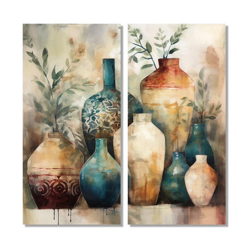 Art mural sur toile traditionnel vert et orange Boho Pottery I, H 32 po x l 32 po, Toile tendue, Ne s’applique pas