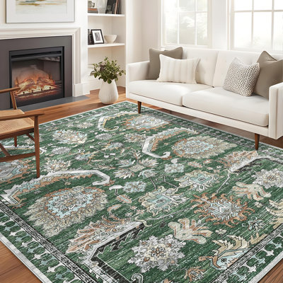 Oriental Machine Washable Rug with Rubber Backing for Living Room Vintage Non-Slip Dining Room Rug Floral Printed Faux Wool Rugs for Bedroom Floor Carpet for Office Nursery Playroom