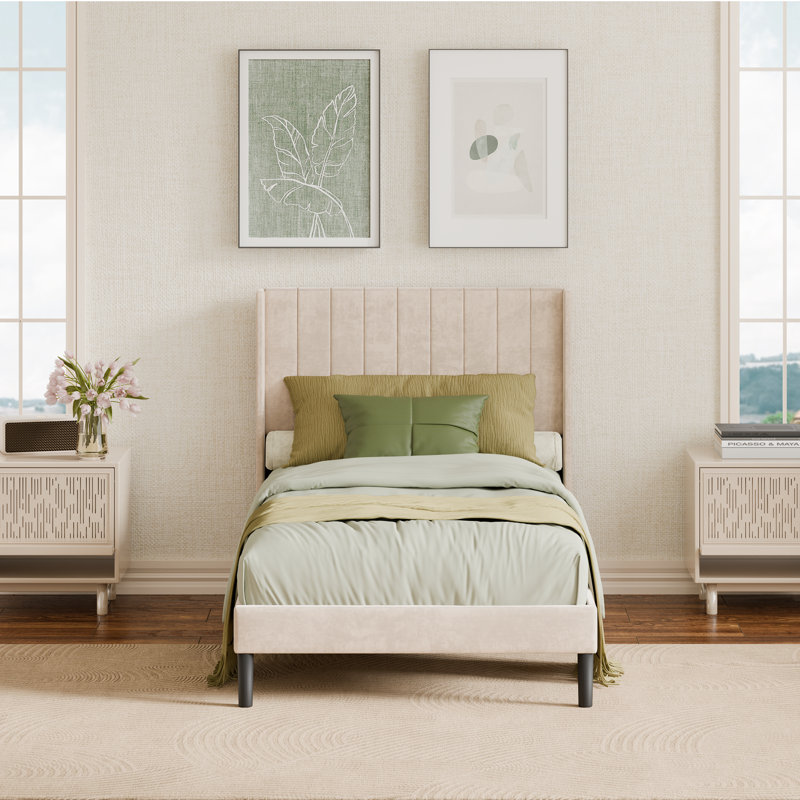Structure de lit moderne minimaliste avec tête de lit tapissier à oreilles capitonnée, Twin, Beige Fabric
