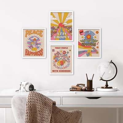 «Peace Happness Crowing Stay Groovy Blessing Quotes», reproduction d'art encadrée sur papier, 4 pièces