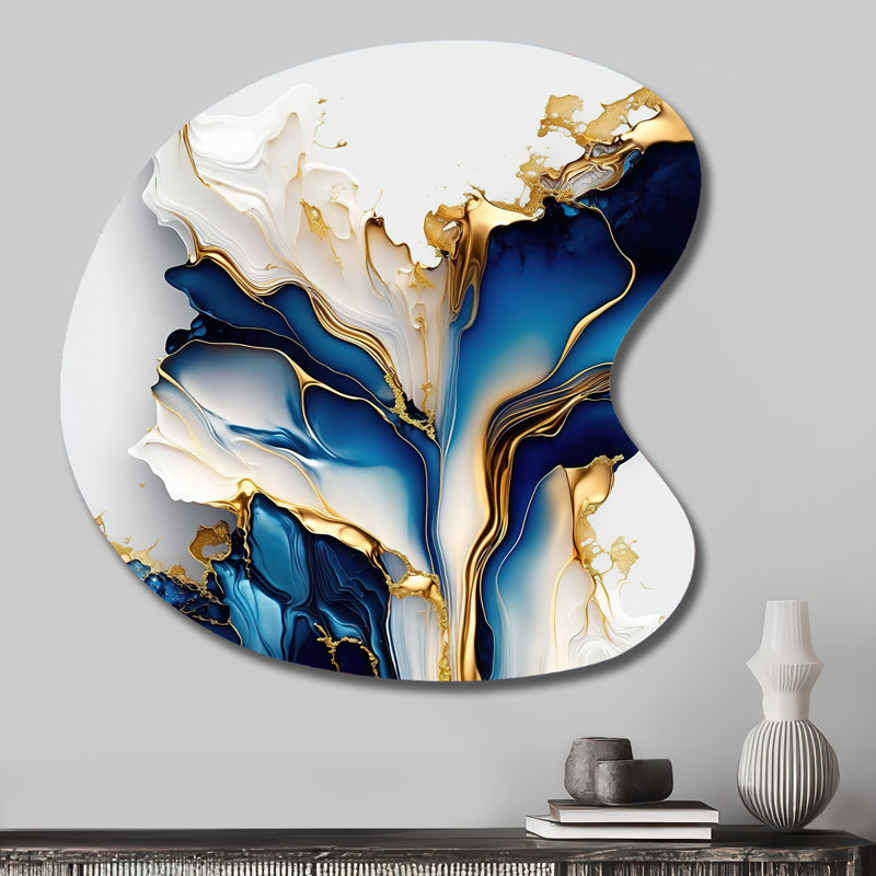 Abstrait géométrique en forme de marbre doré et bleu III - Abstrait art mural asymétrique en métal, H 27 po x l 27 po