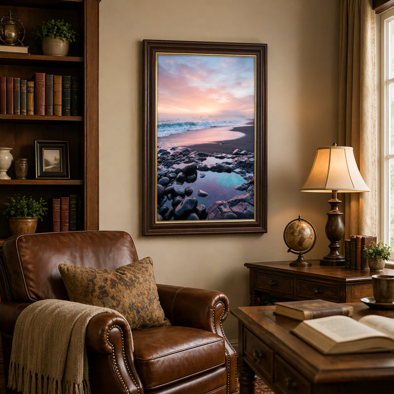 Art mural antique sur toile encadré doré pour le salon, la chambre à coucher, le bureau ou le vestibule - Décoration murale décorative avec coucher de soleil océan