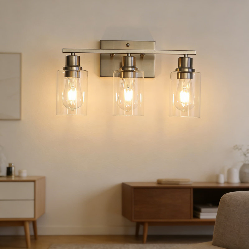 Modern Vanity Light Fixture With Clear Glass Shade, Brushed Nickel Wall Sconce For Bathroom Mirror, Farmhouse Lighting For Living Room, Hallway, 3-Light Hardwired Fixture