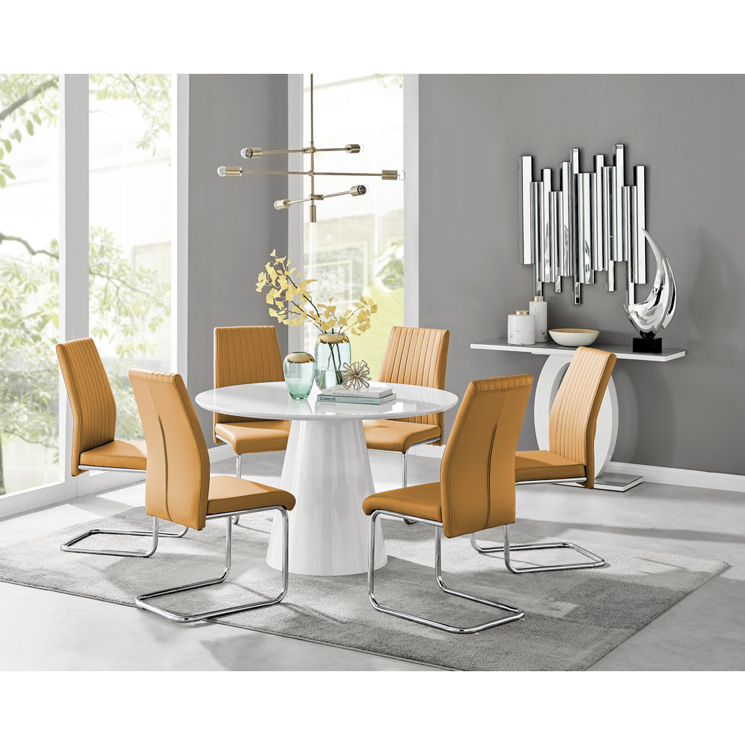 Edward Statement Pedestal Dining Table Set with 6 Luxury Faux Leather Upholstered Dining Chairs East Urban Home Table Top Color/Table Base 