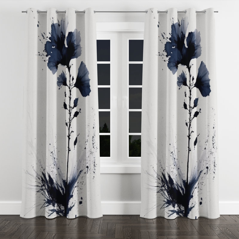 Blue White Hibiscus Euphoria II - Traditional Blackout Grommet Curtain - 1 panel, 52" W x 84" L, Silver Grommets