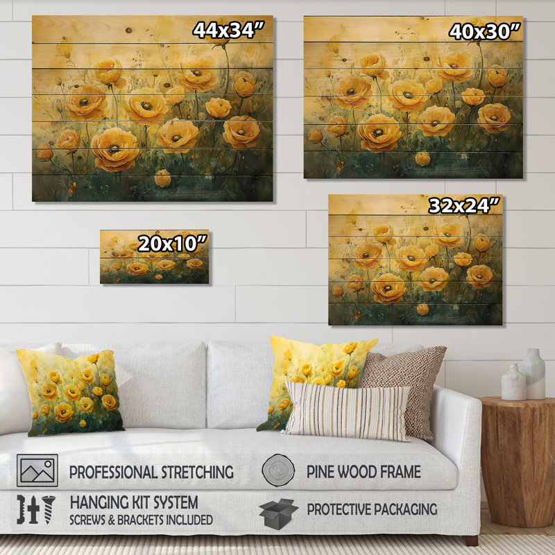 Fleurs de renoncule d'été à la campagne III - reproduction de bois de renoncule - sur bois de pin naturel