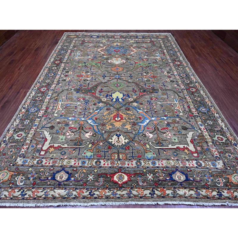 Tapis gris en laine noué à la main 8 pi 9 po x 12 pi Nevada Peshawar Bijar Garus