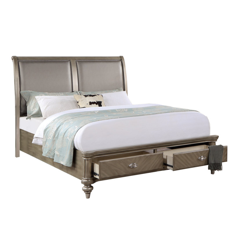 Wooden Bed With 2 Storage Drawers In Antique Silver, California King