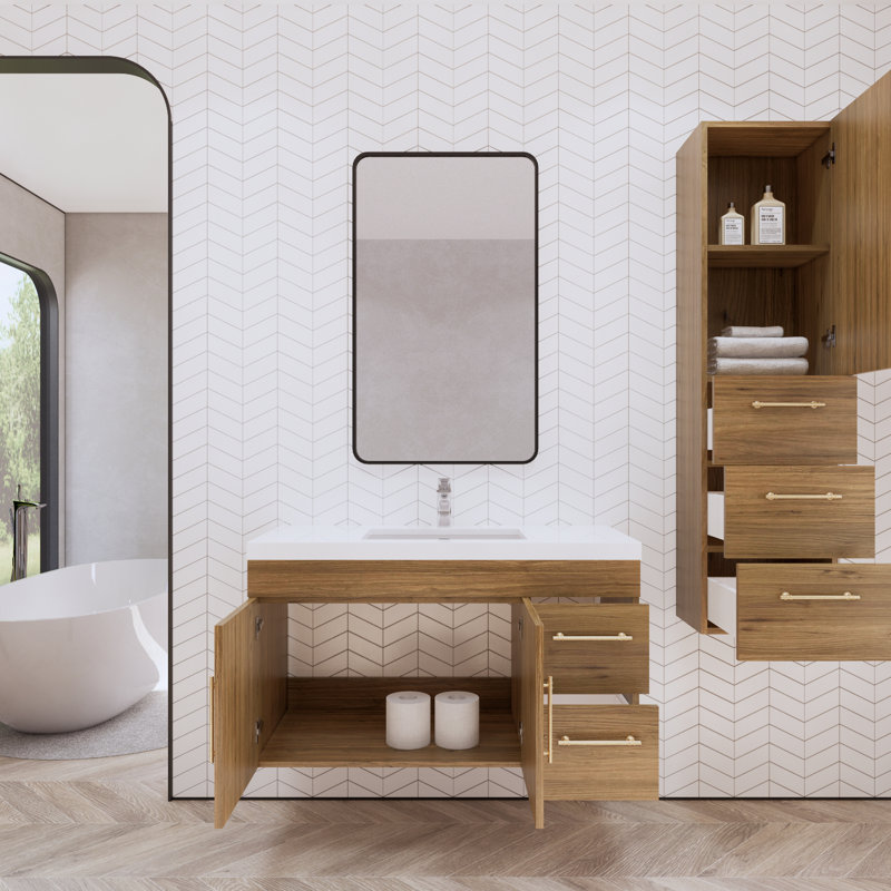 Doddridge 42" Wall-Mounted Single Bathroom Vanity Set, Natural Oak