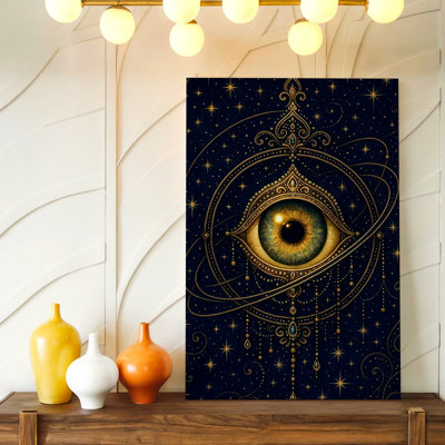 Celestial Eye Gold Ornate Mystic Starry Night Fantasy Canvas Wall Art Print, Gold Accent Decorative Wall Decor For Living Room Bedroom Office, Living Room Bedroom Office Decor