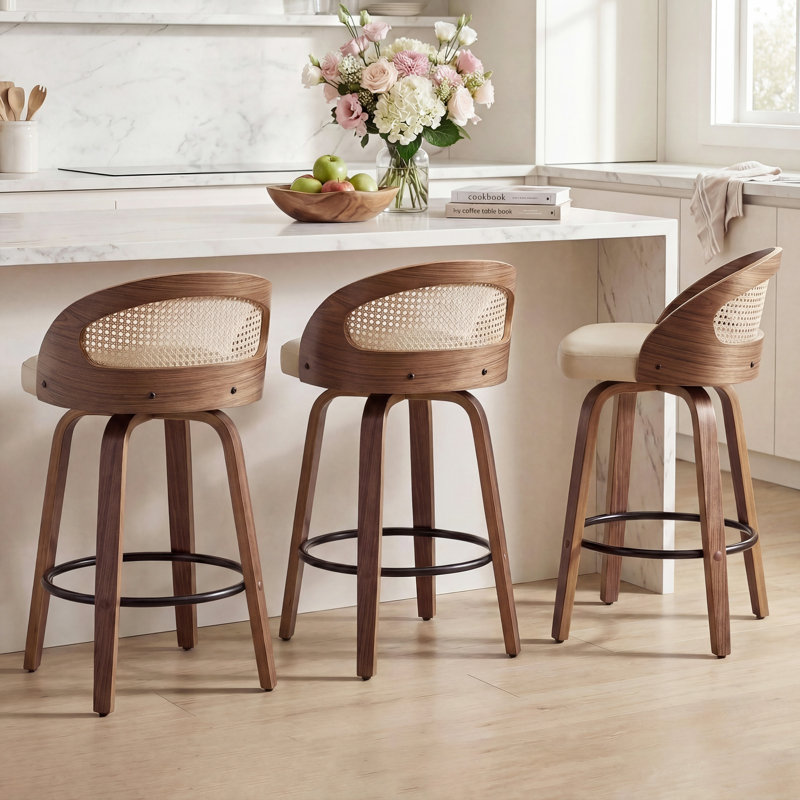 Swivel Upholstered Counter Stool with Solid Wood Frame, Counter Stool (63.5cm Seat Height), Beige Faux Leather