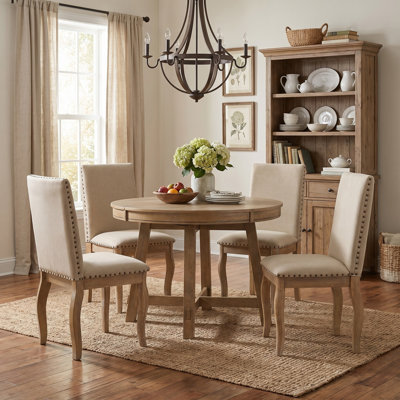 5-Piece Farmhouse Dining Table Set, Solid Wood Dining Set with Round Extendable Table and 4 Upholstered Dining Chairs for Dining Room and Kitchen