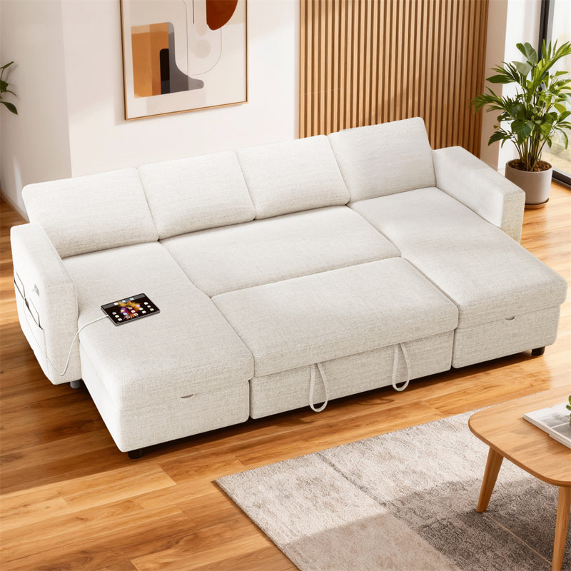 105" Pull Out Sofa Bed Sectional Sleeper Sofa With Storage,Pullout Modular Sectional Couches For Living Room, U Shaped Convertible Couch Bed For Apartment