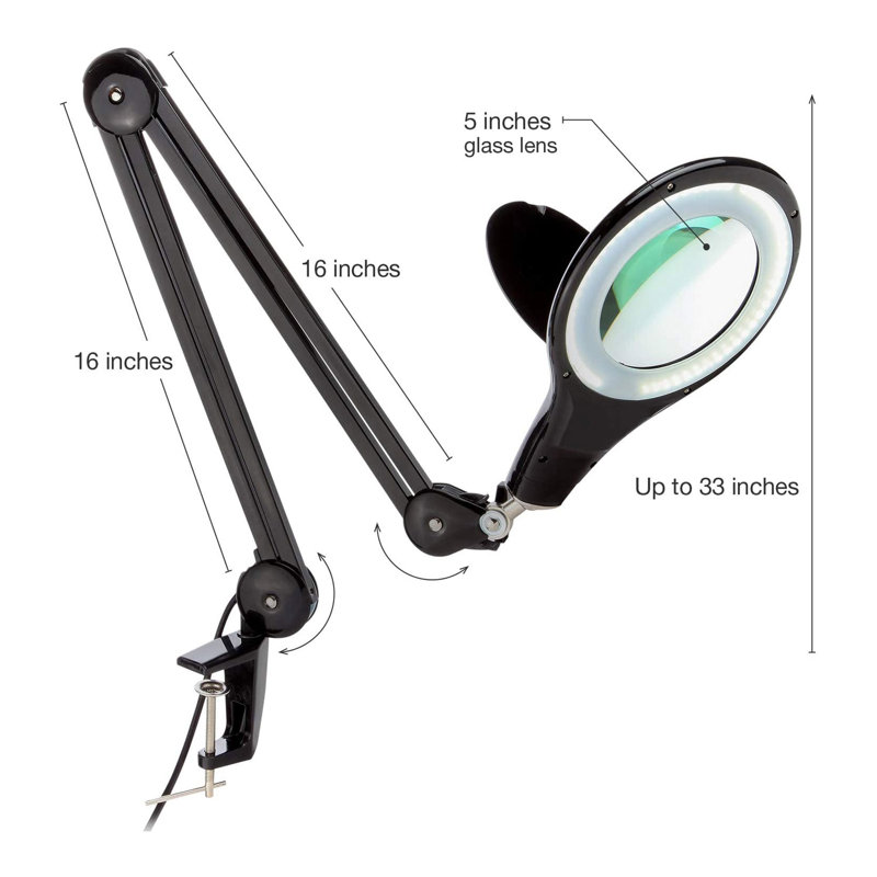 Lightview Pro 33 in. Adjustable Swing Arm Integrated 2.25X Magnifying LED Desk Clamp Lamp, Black