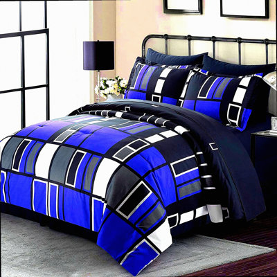 Plaid Dreams 8-Piece Bedding Set - Blue Gray Black Lightweight Queen Bed in a Bag - Cozy Comfort for a Stylish Bedroom