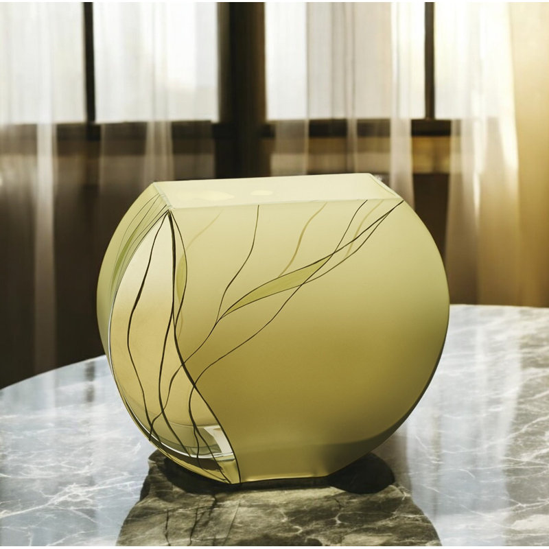 Hawking 9" Green Round Crystal Glass Table Vase With Sculptural Details